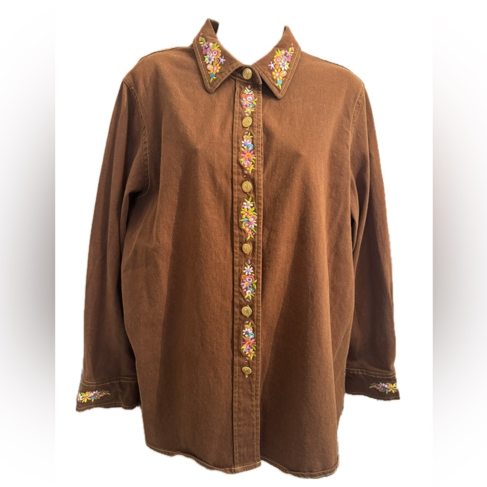 Bob Mackie vintage Brown Floral Embroidered Shirt size S
